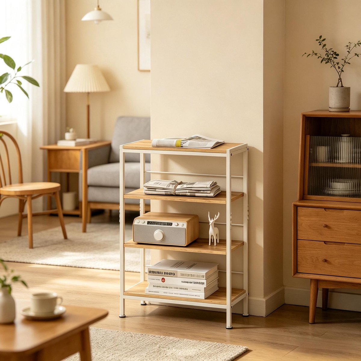 MIVRAY Boekenkast – 50 x 20 x 78 cm – 4 Niveaus – MDF en Metaal – Wit en Licht Eiken – Smalle Open Kast voor Woonruimte en Keuken
