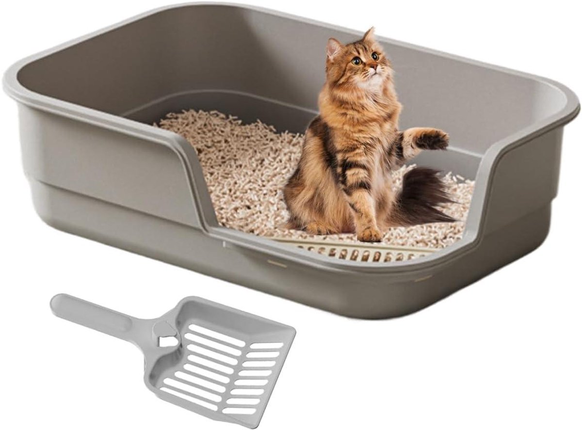 Kattenbak – Grote kattenbak – Netheid binnenshuis – Hoge strooischermen – 57×42.5×14.4 cm – Grijs Kattenbak – Grote kattenbak – Netheid binnenshuis – Hoge strooischermen – 57×42.5×14.4 cm – Grijs