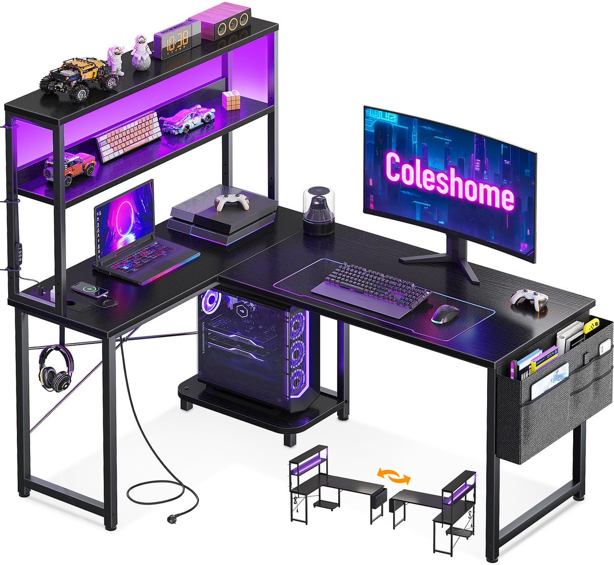 SnelShoppen - L-vormig Gamingbureau met LED Verlichting en Stopcontacten, Reversibel Gamerbureau met Planken en Opbergtas, Hörnbureau voor Gamers (Zwa