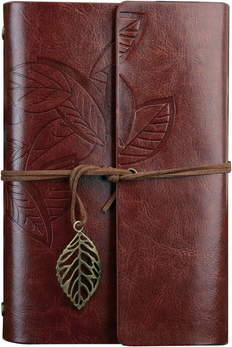 Bobypet - Dagboek - Vintage retro notitieboek met PU-leren kaft, schrijfdagboek, vintage bladpatroon, spiraalgebonden, blanco notitieblok met touwtje, onbedrukt papier, retro hangers, klassiek reliëf, losse bladen - A7 bruin - 14.5*10.5*3 cm