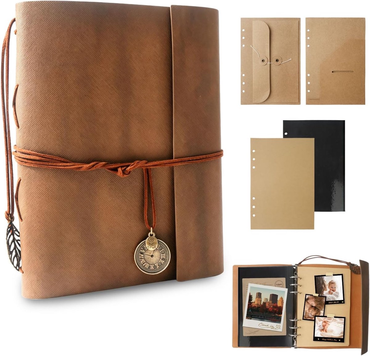 Bobypet - Vintage doe-het-zelf-fotoalbum - notitieboek - ringband van kunstleer met 3 ringen en 20 pagina's kraftpapier – plakboek en herinneringsboek voor bruiloft, verjaardag en jubileum - bruin