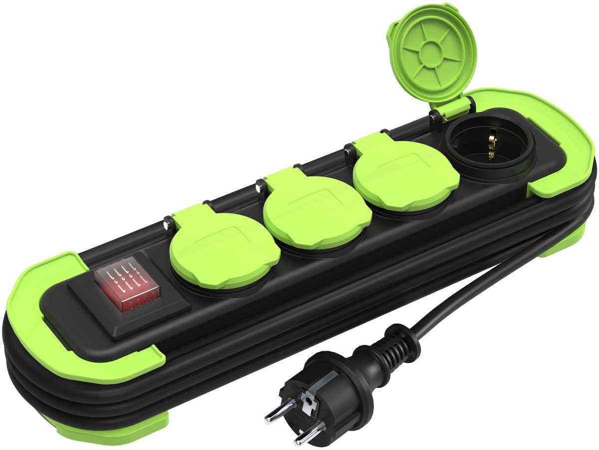 Stekkerdoos voor Buiten - Verlengkabel met Contactdozen - Tuin Verlichten - Spatwaterdicht IP44 - 3 meter - Zwart Groen