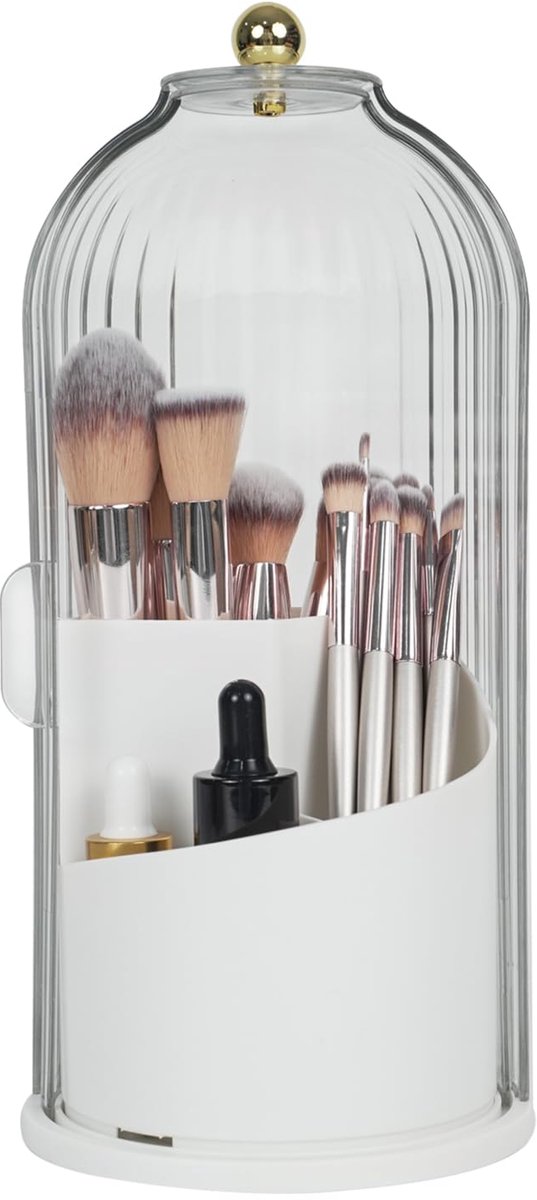SnelShoppen - VacFreKep Make-upborstelhouder Organizer met deksel, 360 graden draaibaar, helder, stofdicht, make-up organizer voor wastafelblad, badka