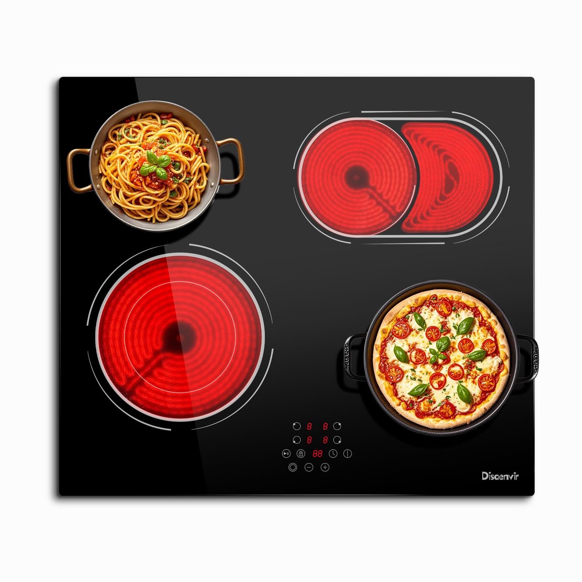 SnelShoppen - Vitroceramische Kookplaat 4 Pitten 6600 W met Dubbele Ovale Barbecuezone, Elektrische Kookplaat met 9 Vermogensstanden, Pauzefunctie, Ti