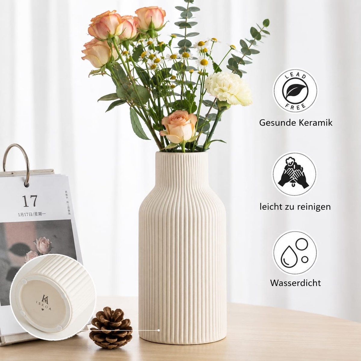 Keramische vaas voor pampasgras, beige - Modern Boheems decor voor eettafel, boekenkast, s