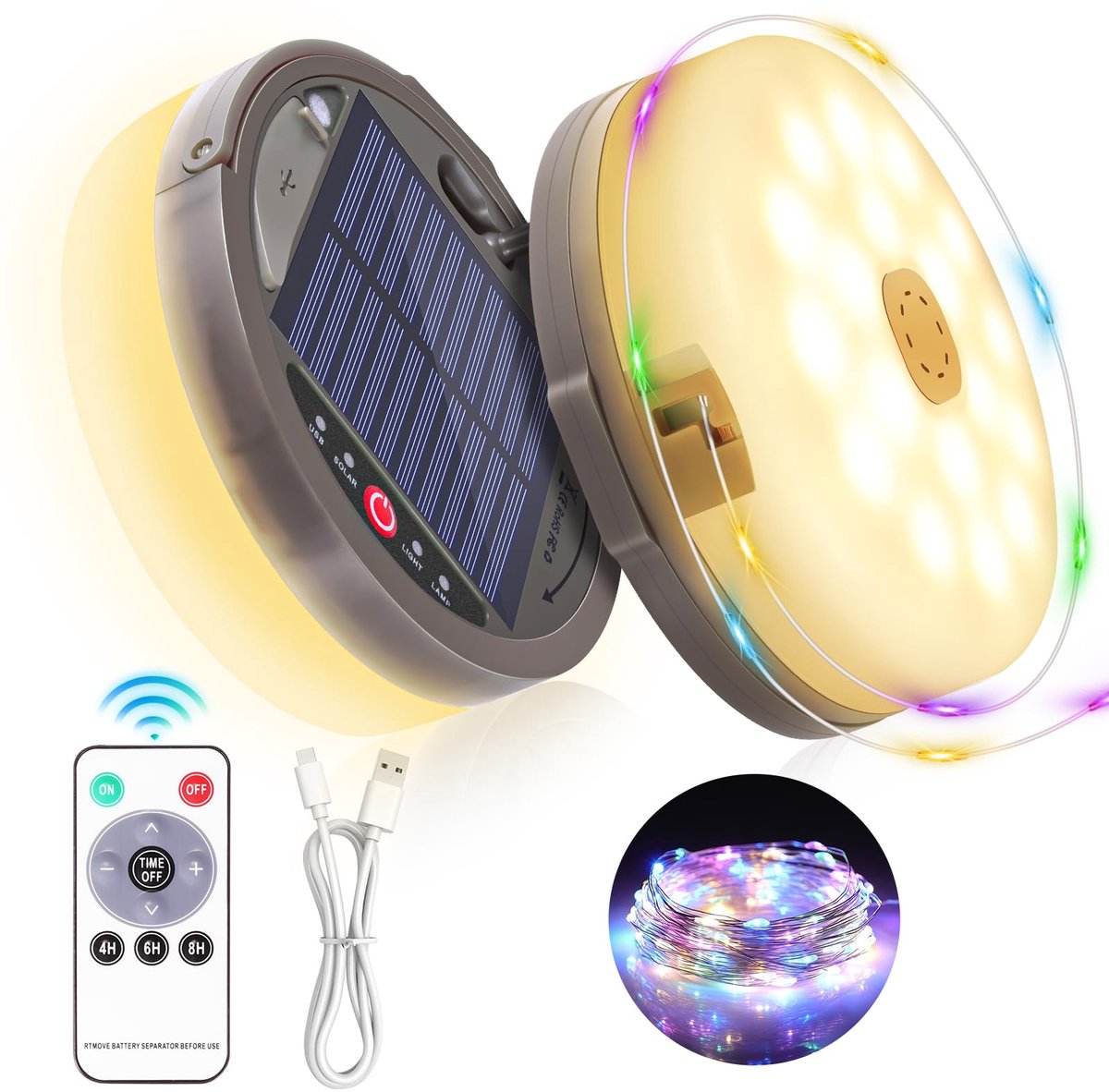 SnelShoppen - HELESIN Campinglichtketting 12,8 m met 128 LED's - Oprolbaar, Zonne-energie & USB Oplaadbaar - Dimbaar met 5 Modi - Multicolor voor Camp