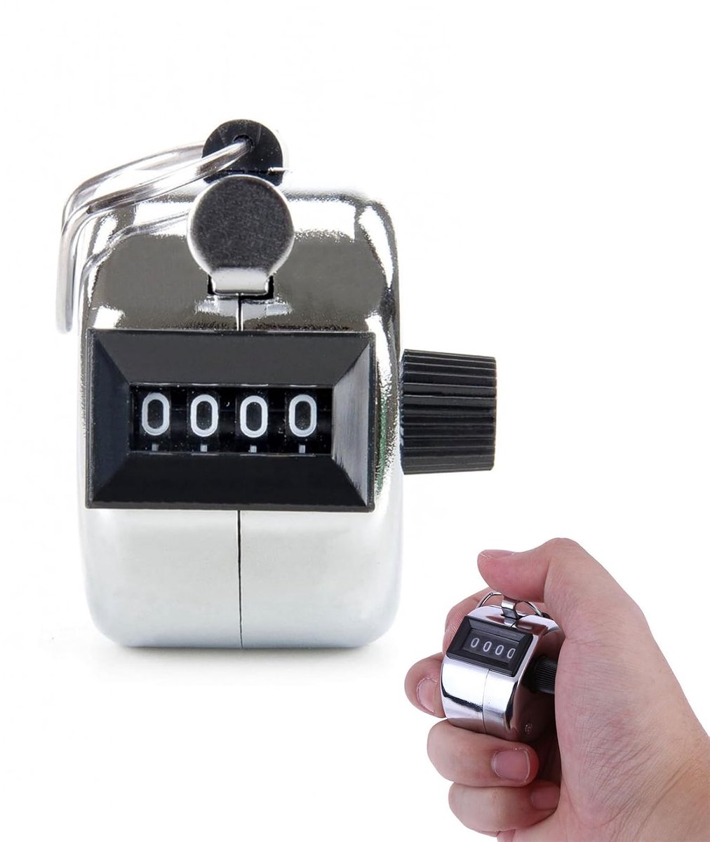 LISM-Set van twee handmatige metalen tellers, 4-cijferige teller, mechanische handmatige teller op batterijen, Geschikt voor gebruik door mensen, golf, roeien, weven, school, sport (zilver)