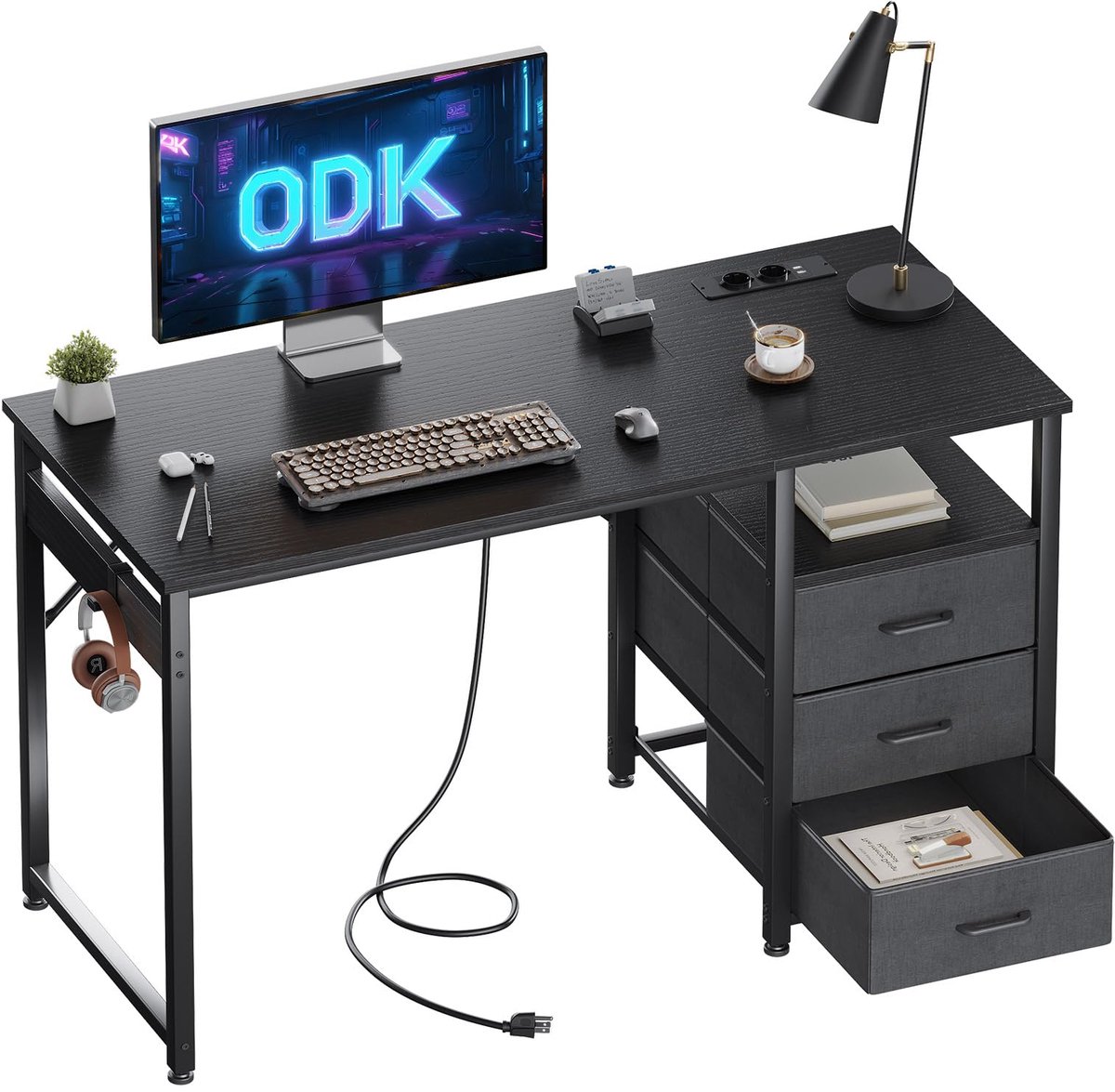 SnelShoppen - ODK Bureau met 3 Laden - Omkeerbaar PC-Bureau met 2 Stopcontacten en USB-Poorten - Computertafel Nero 120x48cm voor Thuis en Kantoor
