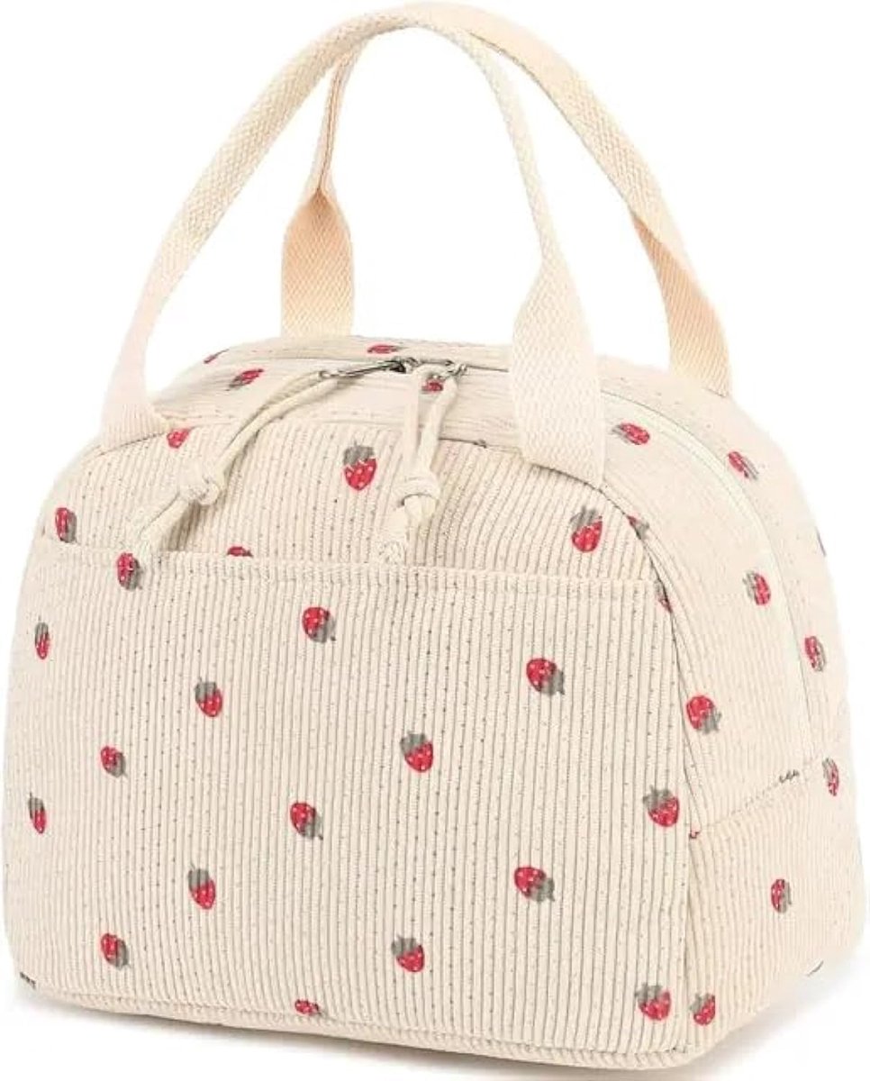LISM-Geïsoleerde corduroy lunchtas met Geschikt voorvak, lekvrij en herbruikbaar, Geschikt voor mannen en vrouwen, grote capaciteit, ideaal Geschikt voor kantoor, picknicks en reizen, beige aardbei.