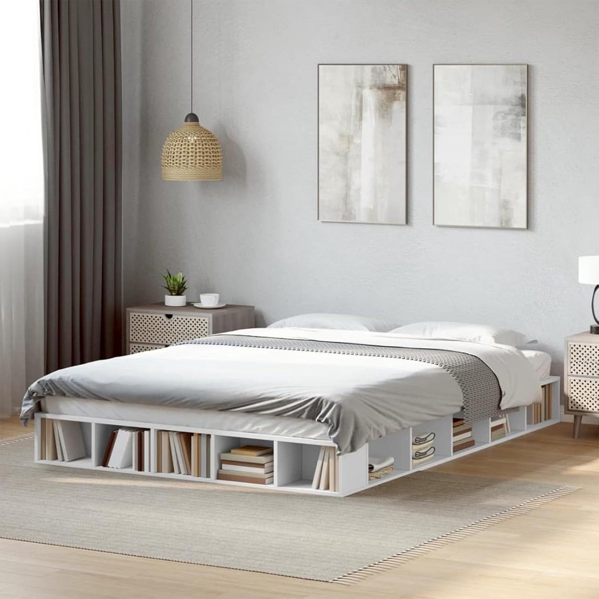 Houten Bedframe - Bed met Lattenbodem - Goede Nachtrust - Open Opbergvakken - 140x200 cm - Wit
