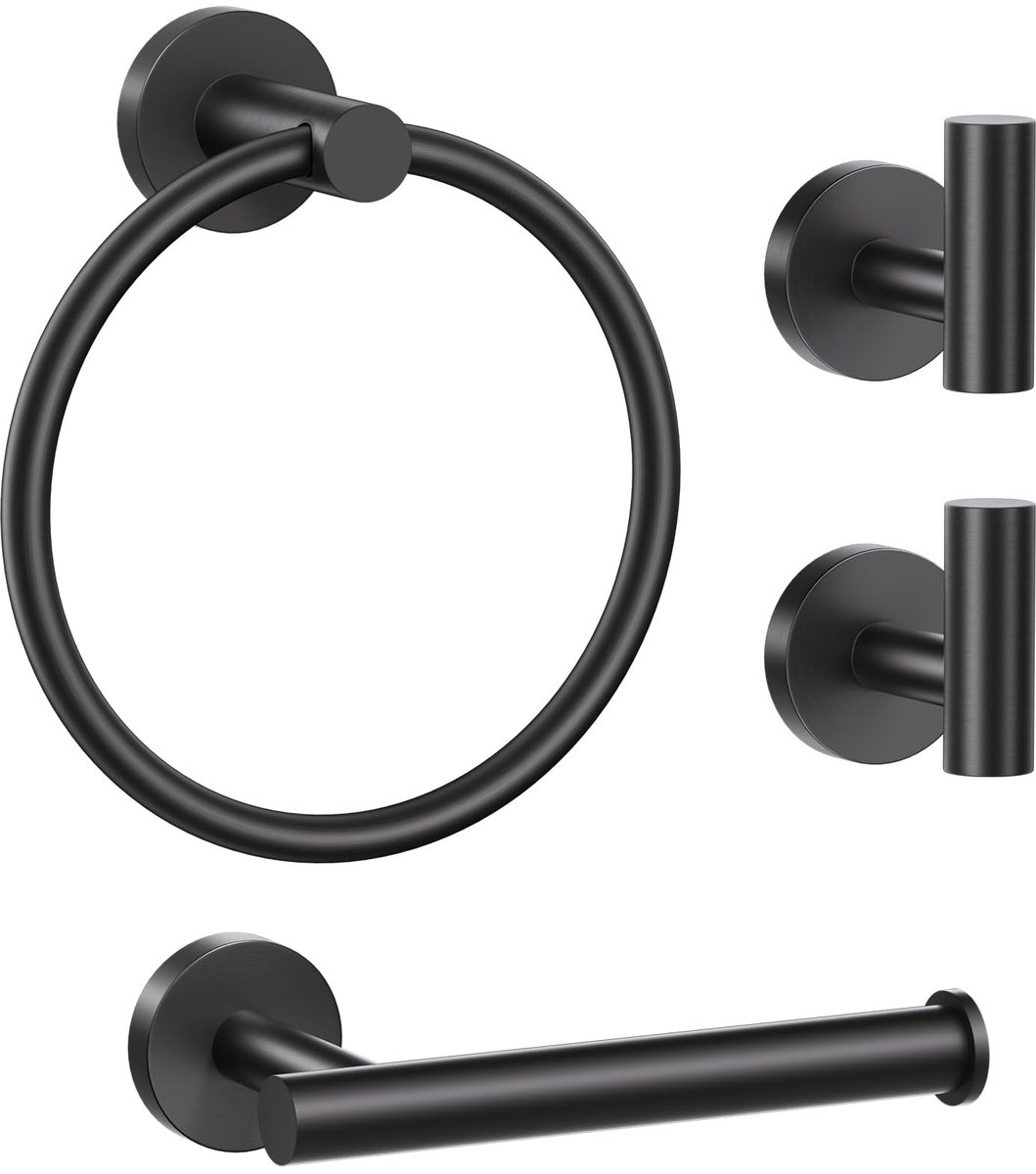 SnelShoppen - Badkamer Hardware Set Mat Zwart RVS 4-delig - Handdoek Ring, Toiletpapier Houder, 2 Robe Handdoek Haken - Wandmontage Armaturen - Modern