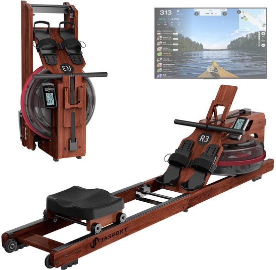 JASPORT R3 roeimachine, opgevouwen en uitgestald, met houten frame, zwarte zitting, voetensteunen en een LCD-scherm.