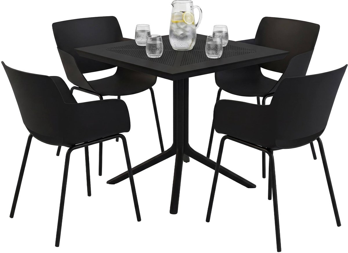 CLP Lirra tuinset 5-delig - 4 stoelen en tafel 80 x 80 cm - Weerbestendig - zwart