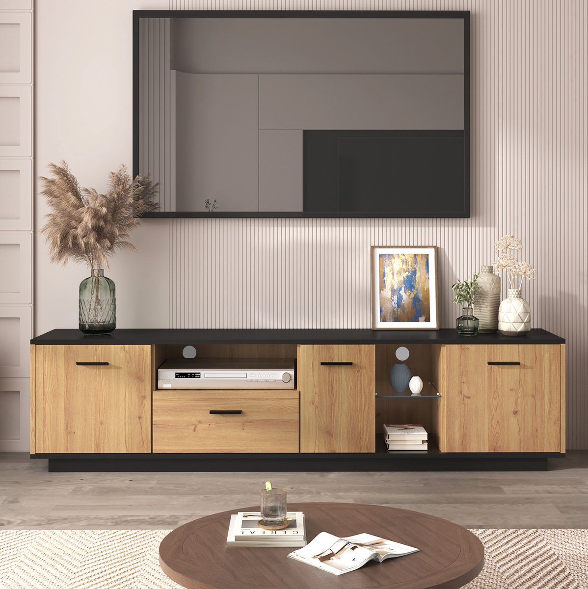 COVREO TV meubel 180 x 37 x 45 cm - zwart en houtkleur, 1 lade, 3 deuren, LED-verlichting