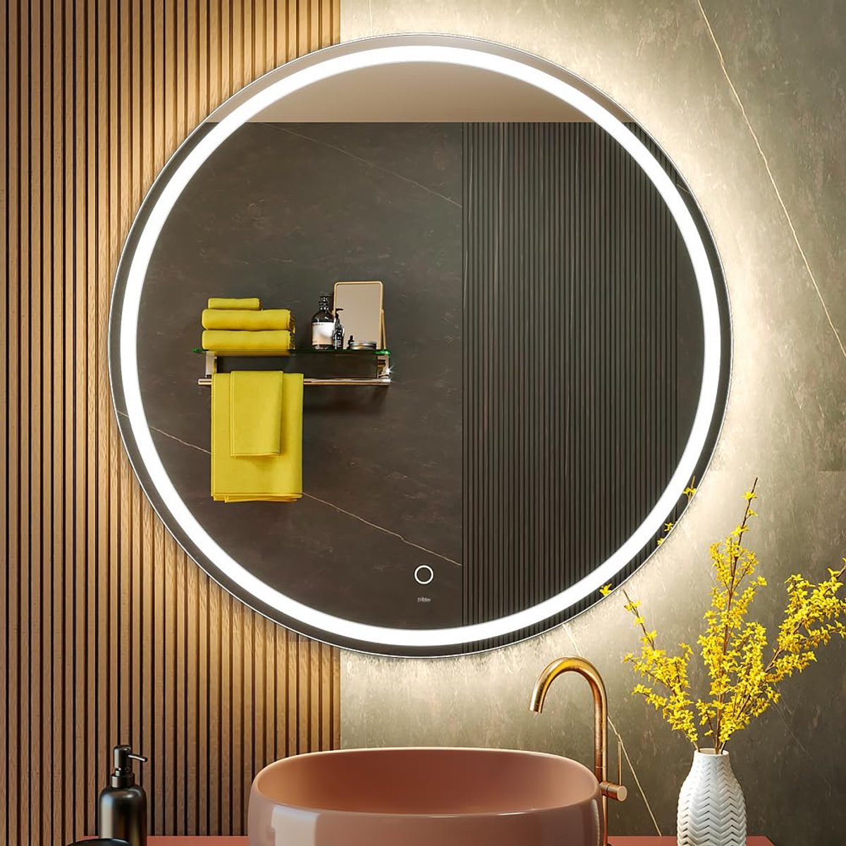 SnelShoppen - Grote Moderne LED Ronde Spiegel Badkamer Kapspiegel 90 x 90 cm, Kleurtemperatuur Verstelbaar, Dimbare Anti-Mist Verlichting, Muurbevesti
