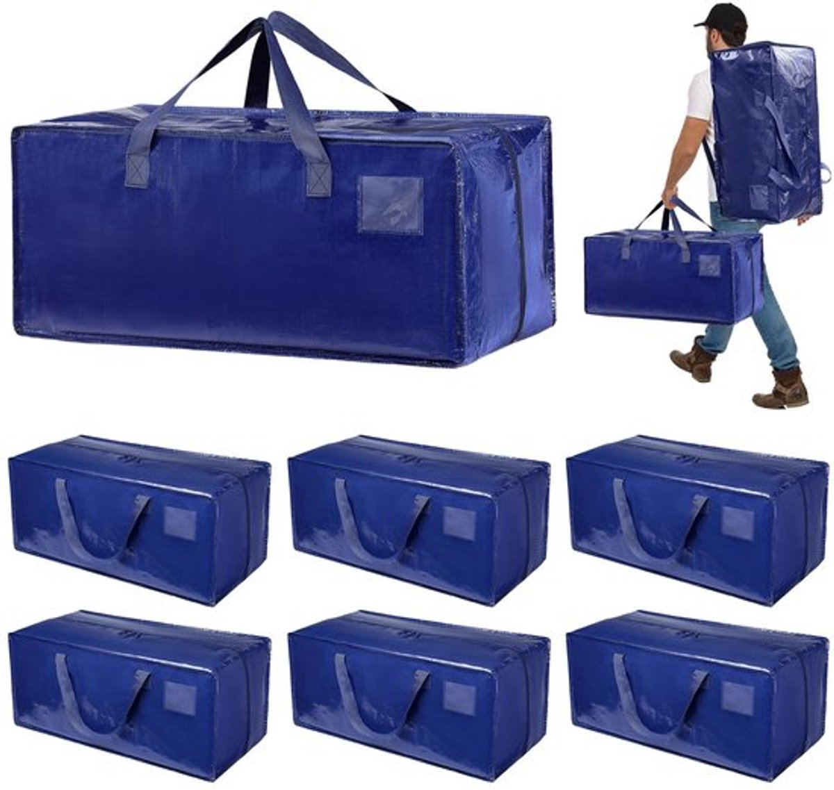 Dokeno 6 stuks 92L opbergtas, grote verhuisdozen met rugdragerijmen, waterdichte opbergtas met ritsen, heavy-duty verhuisdozen voor verhuizen, opbergen en kamperen, blauw