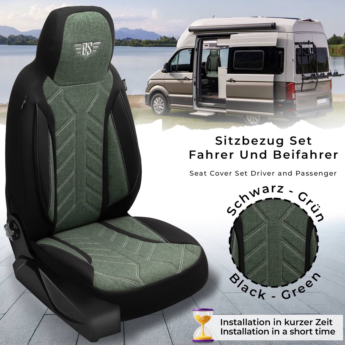 Premium Camper stoelhoezen voor Pössl Summit Shine PLKT213 in Zwart/Olijfgroen (2 losse stoelen)