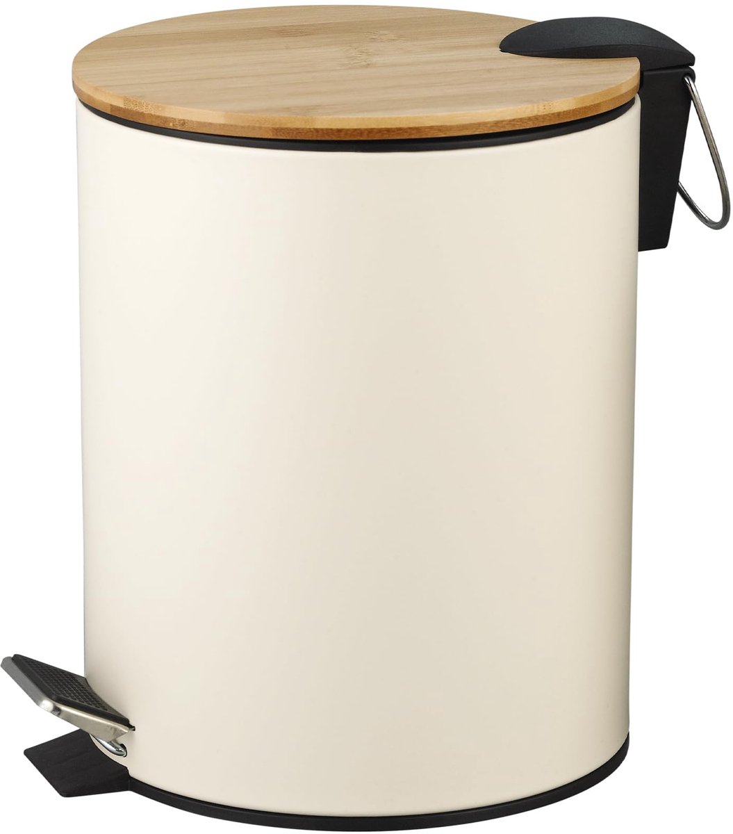 SnelShoppen - Pedaalemmer Badkamer 5 Liter - Ronde Afvalbak met Luchtdicht Deksel - Wit en Bamboe - Hygiënische Handsfree Opening - Ø20 x 26 cm - Gela
