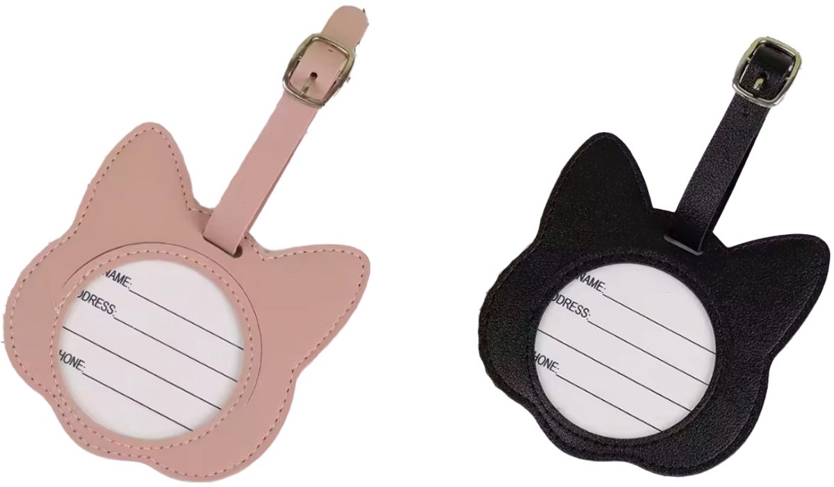 Kofferlabels - Bagagelabels - Roze en zwarte kat - 2 stuks - Label voor aan je koffer - Koffer tag - Roze/Zwart - CHPN