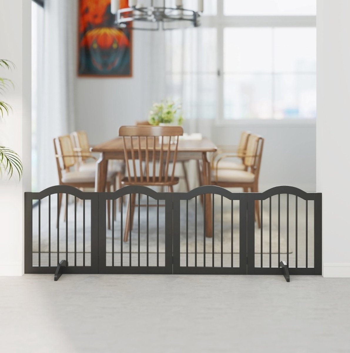 Wishdor Hondenhek - vrijstaand en klapbaar - 4 panelen met voeten - zwart hout - voor deur, gang, slaapkamer en trap - 208 x 61 cm