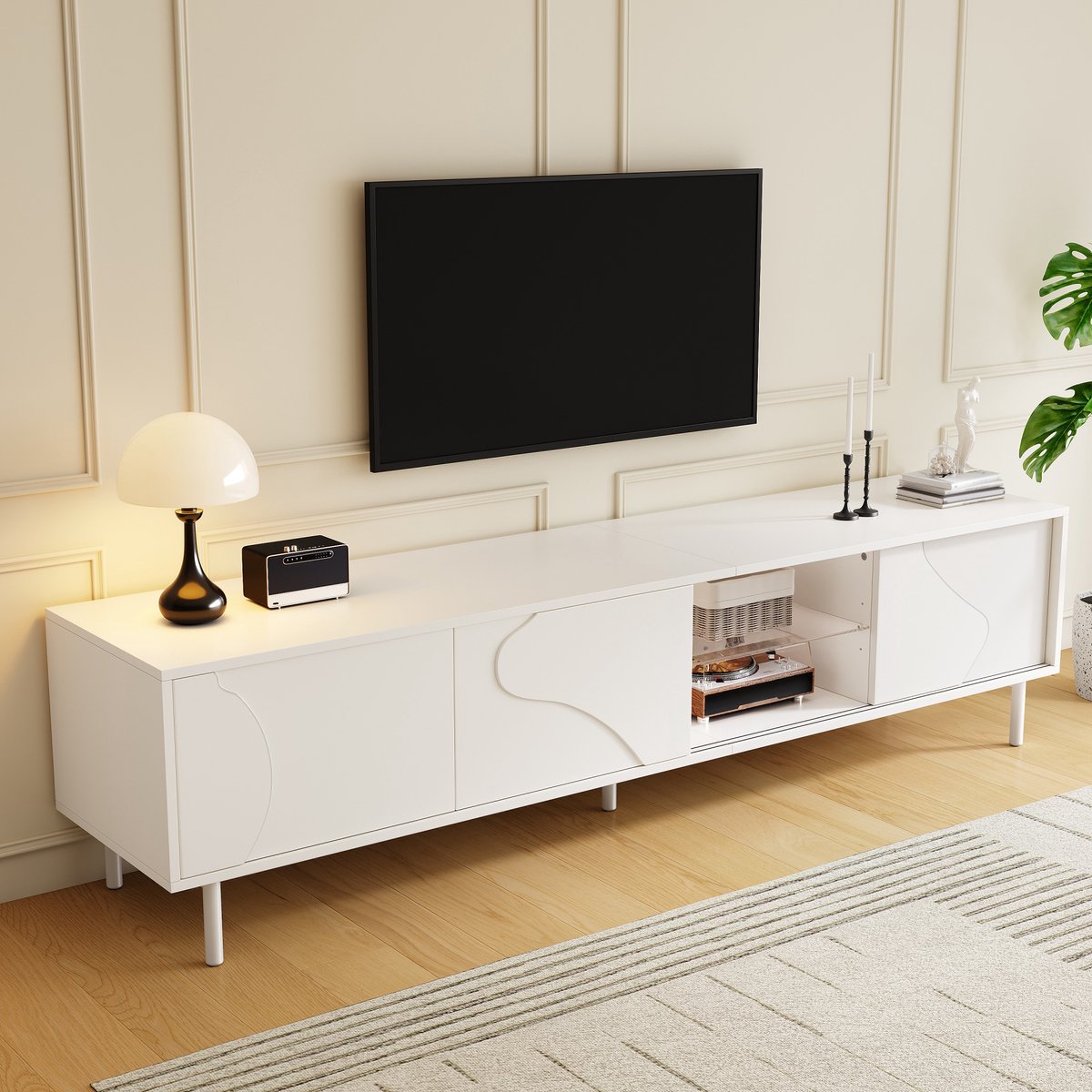 OKWISH Dressoir TV-Meubel – 3 Schuifdeuren – Met Appgestuurde LED-Verlichting – Minimalistische Opbergruimte – MDF Wit – 180x40x45 cm