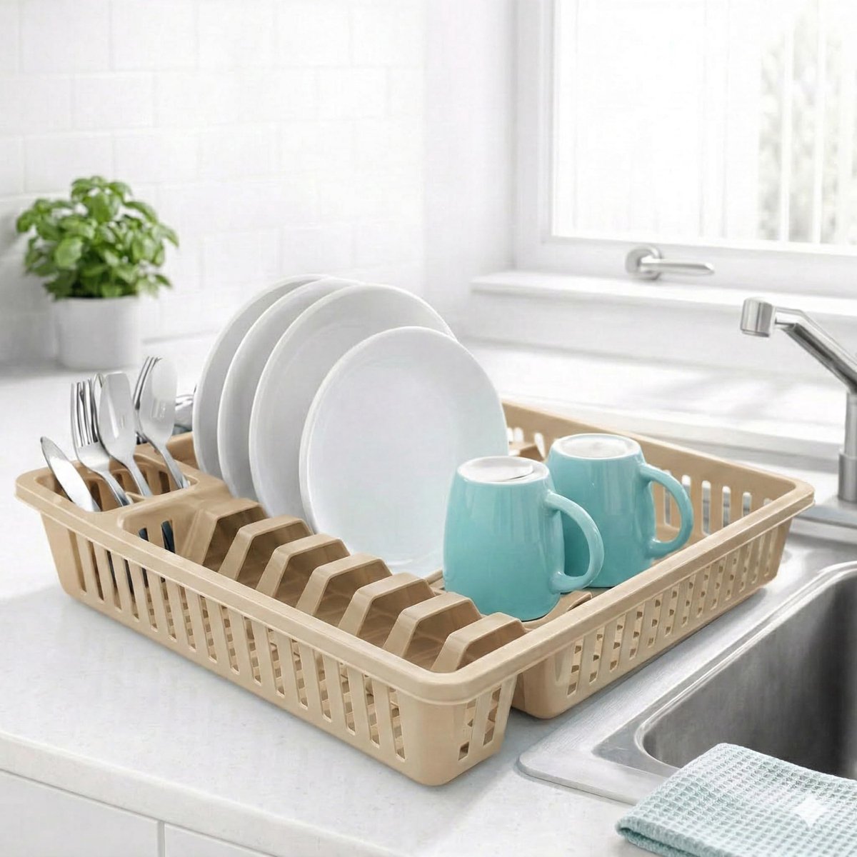 Dailygoods - Kunststof Afwasrek voor Borden en Bestek - Beige