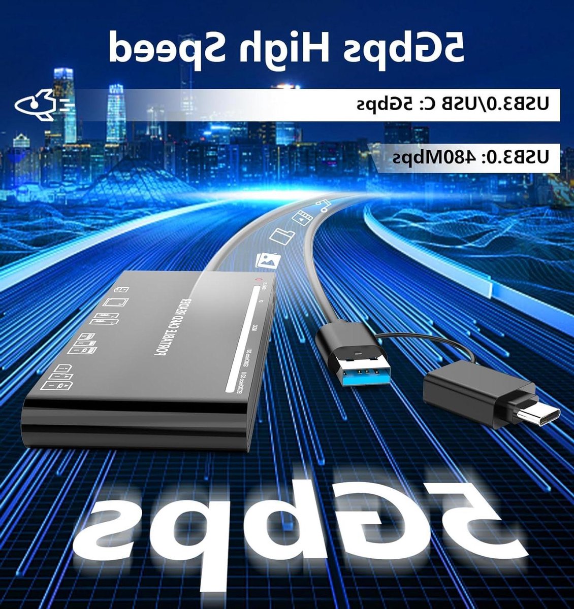 Geheugenkaartlezer - Kaartenlezer USB C - Bestanden Overzetten - Meerdere Kaarten Tegelijk - 5 Gbps - Zwart