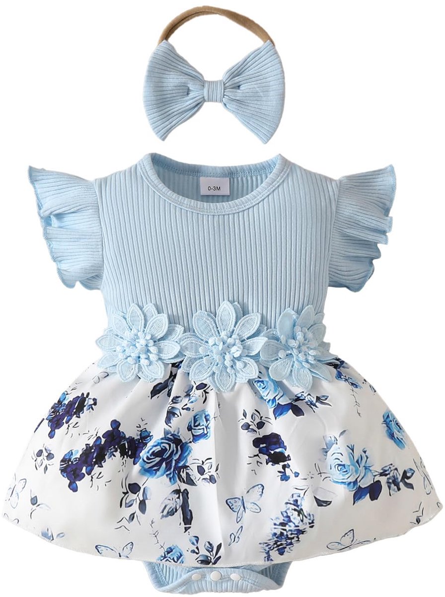 SnelShoppen - UUAISSO Pasgeboren Baby Meisjes Kleding Set Ruches Korte Mouwen Tops Bloemen Bretels Shorts met Hoofdband Lichtblauwe Bloem 0-3 Maanden