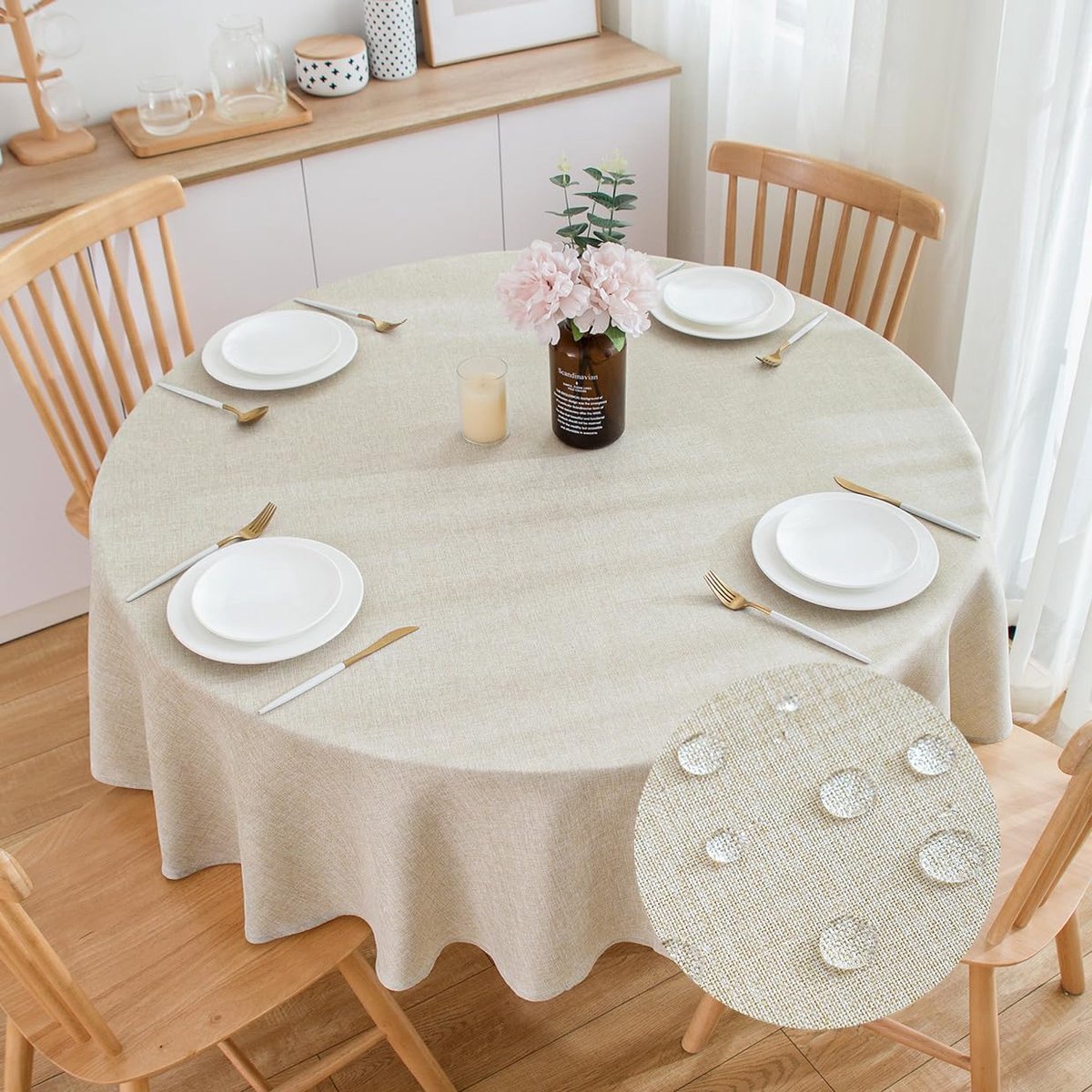 SnelShoppen - SPRICA Rond tafelkleed 160 cm diameter waterbestendig linnen textuur morsbestendig afveegbaar tafelkleed effen kleur cirkel cover voor f