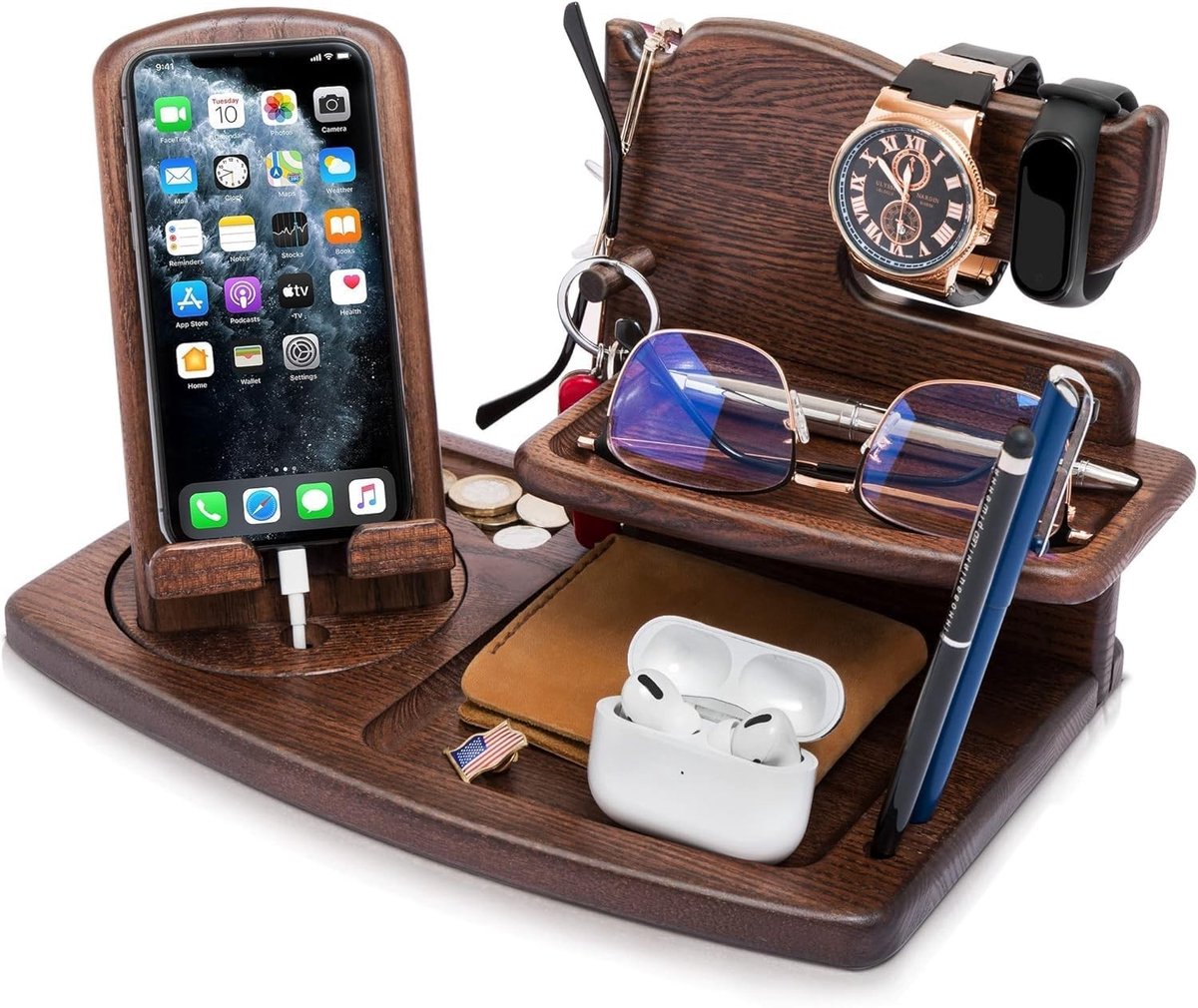 Mobiele Telefoon Docking Station Houten Bureau Organizer voor Mannen met Sleutelhouder en Stand voor Bedside Gebruik