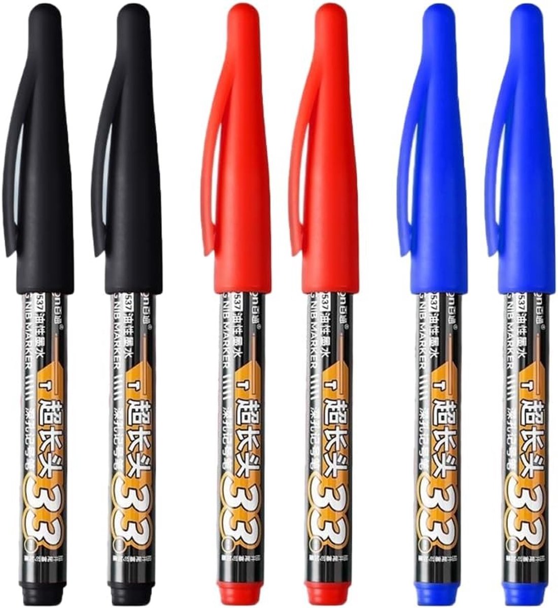 Set van 6 waterbestendige markeerstiften voor hout, metaal en kunststof met extra lange punt