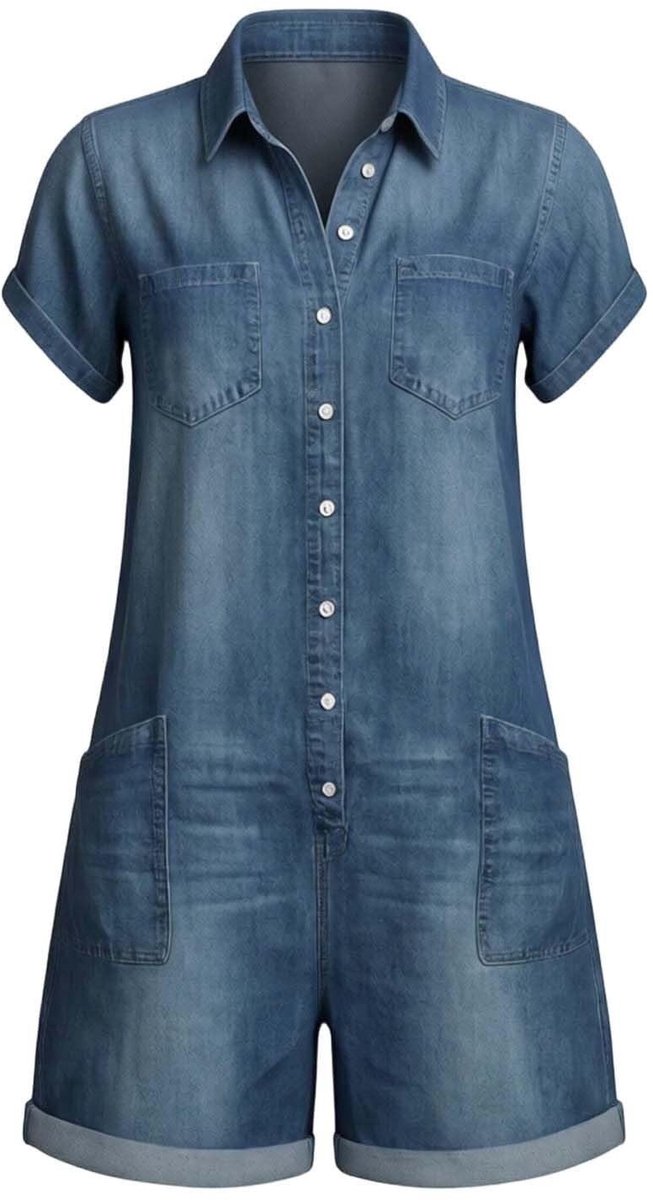 Dames Korte Denim Jumpsuit - Met Kraag en Knopen - Blauw - XL