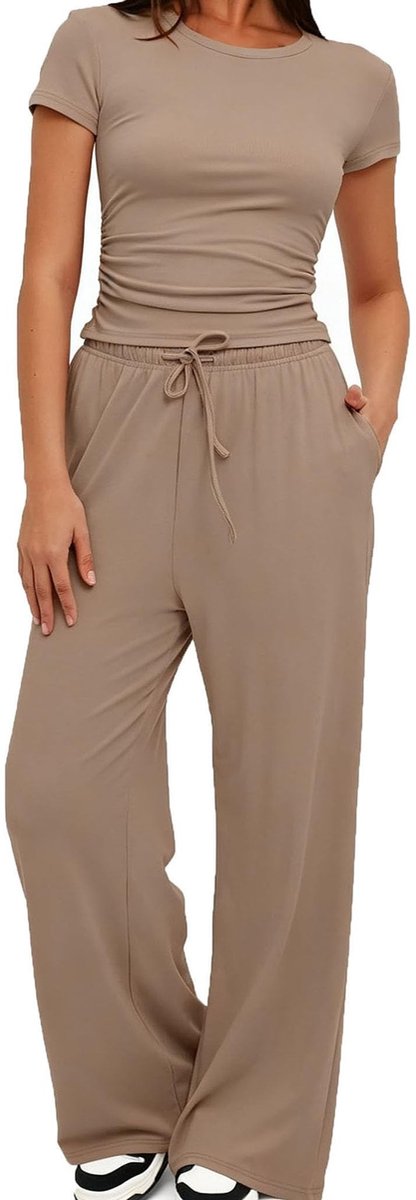 Ruches Side Tee en Wijde Pijpen Set - Kaki - XS