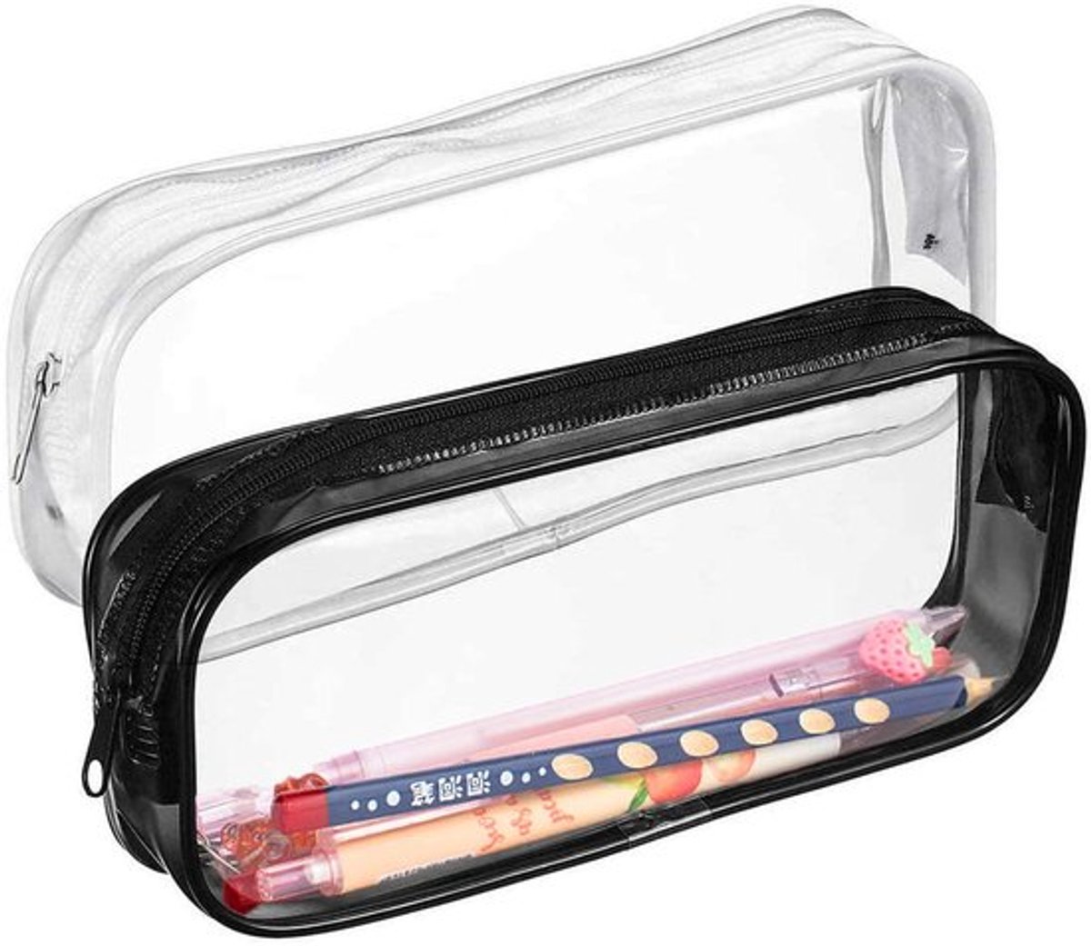 2 stuks doorzichtige potloodzakken, PVC transparante pennenzak, waterdichte ritszakjes voor studenten, examen/kantoorbenodigdheden/reistoiletartikelen (zwart + wit)