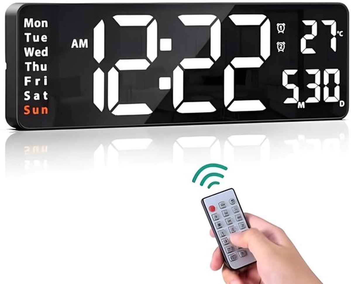 Digitale wandklok van 40,6 cm met afstandsbediening, digitaal display met 10 helderheidsniveaus, countdown grote klok met datum/tijd/temperatuurweergave, 2 alarmen, wandklokken voor thuis en kantoor