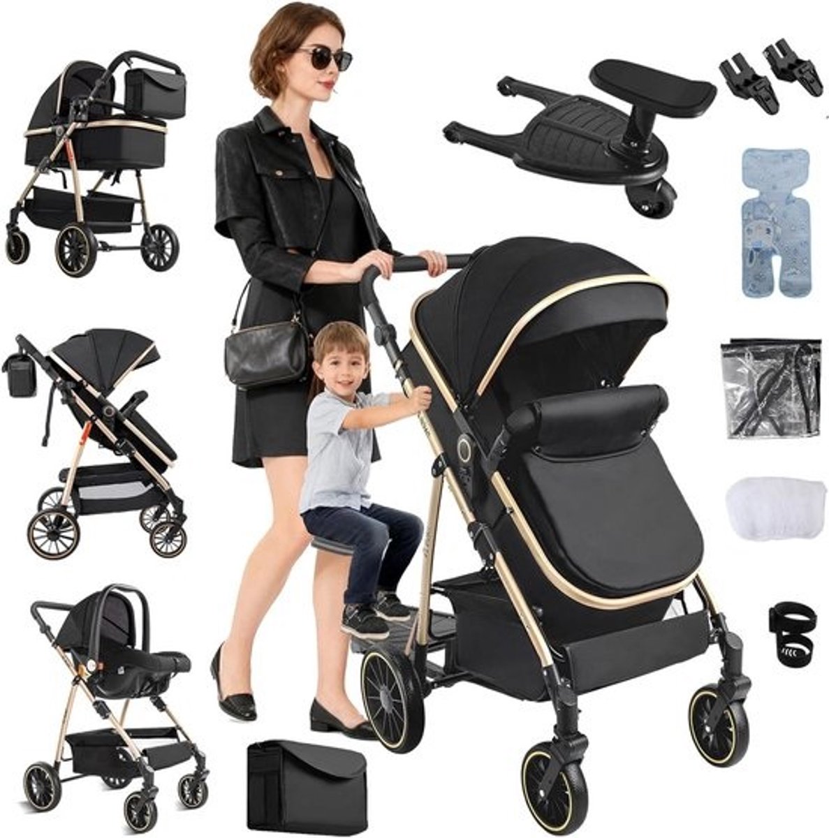 3-in-1 Kinderwagen - Multifunctionele Buggy - Baby Vervoeren - Inclusief Extra Voertuig - 84 x 58 x 100 cm - Zwartgoud