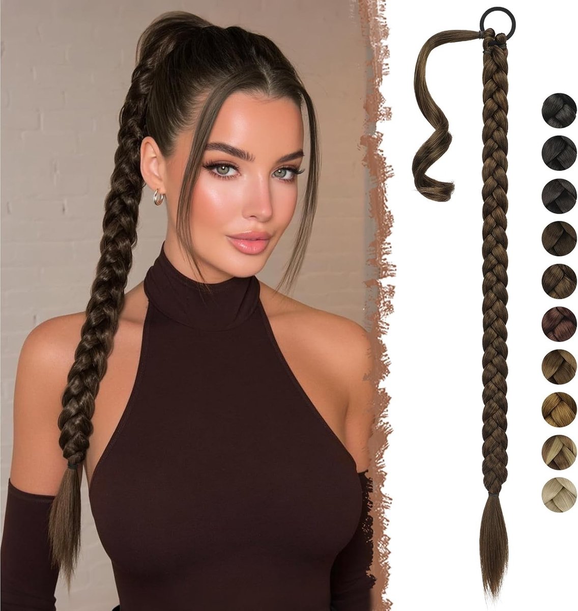 Langere Ponytail Extensions van 85 cm - Bruine en Licht Kastanjebruine Vlechtstuk voor Vrouwen, Perfect voor Een Verlengde Staart en Haarstyling