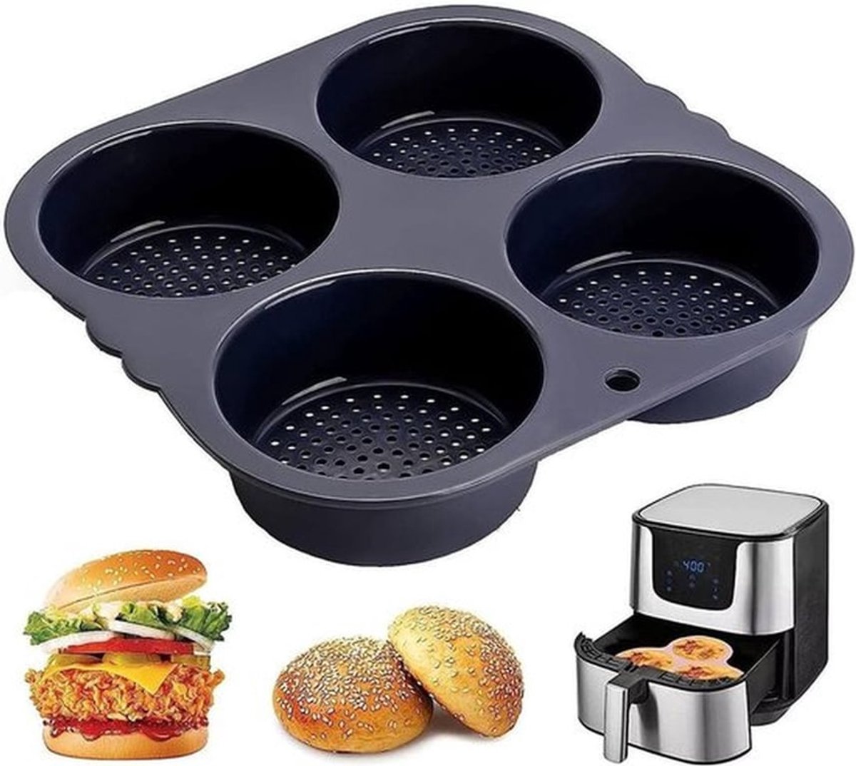 Siliconen broodbakvorm, antiaanbakvorm, herbruikbare hamburgerbroodvorm, thuisgebruik, 4 holtes