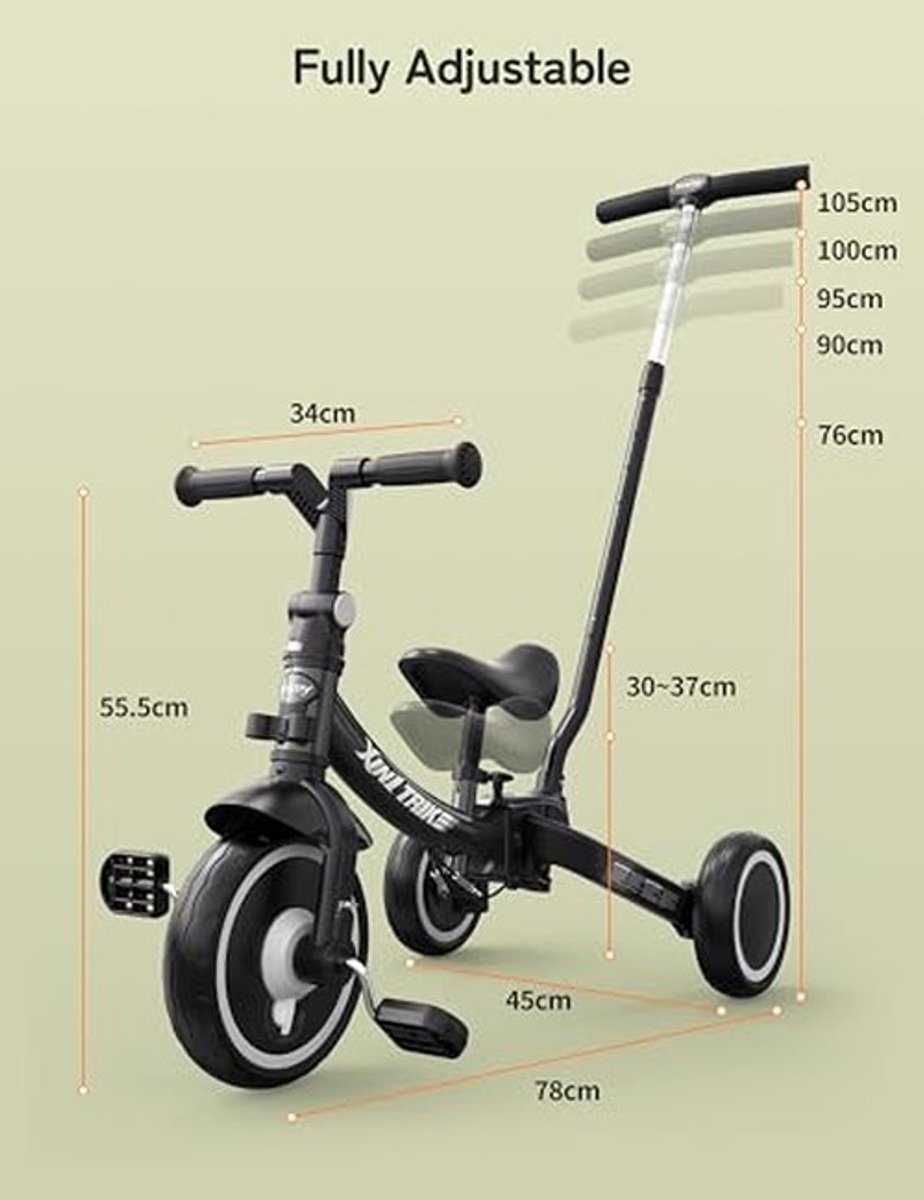 7-in-1 Peuter Trike met Verstelbare Duwhandle - Zwart
