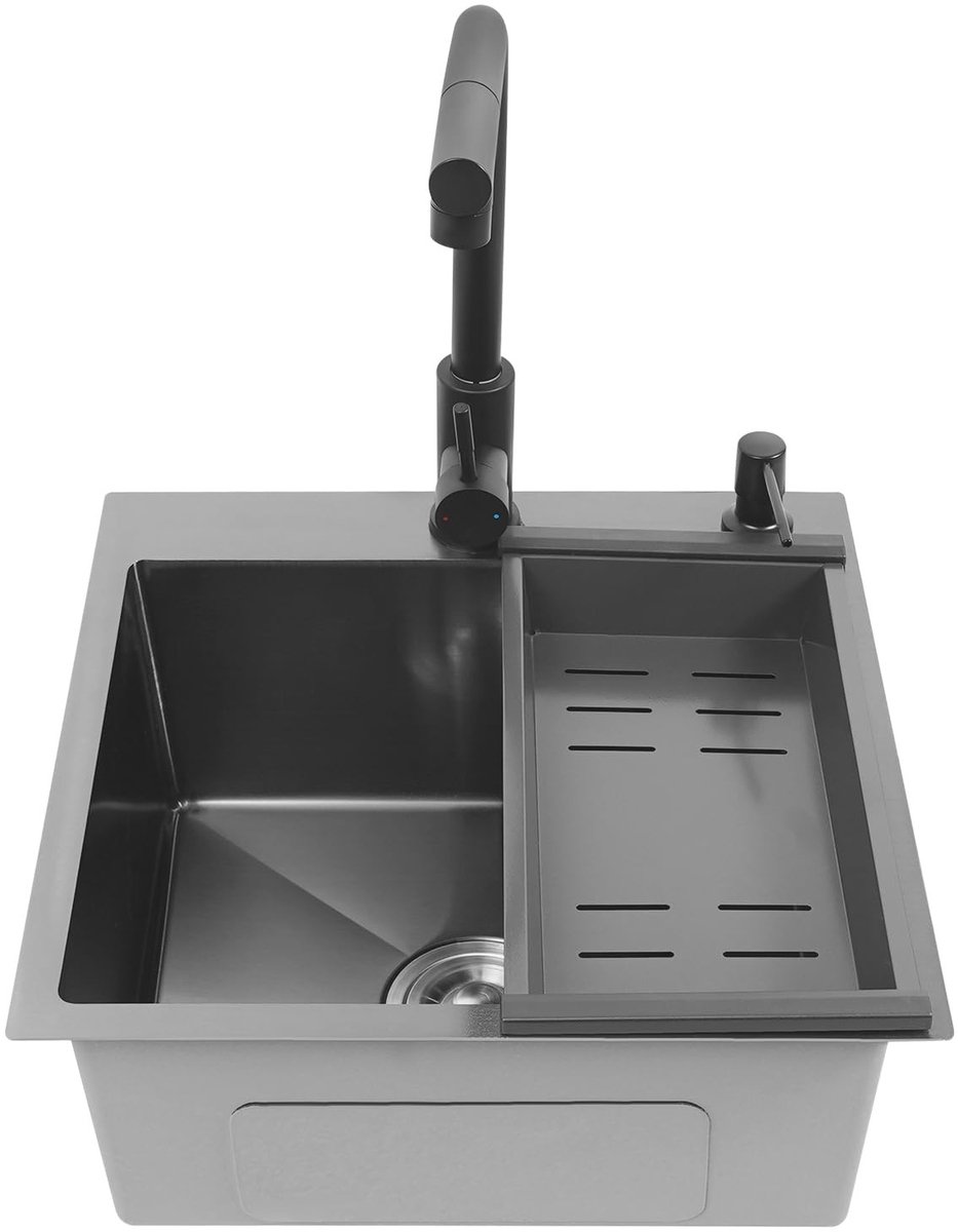 Keukenspoelbak - Roestvrij Stalen Spoelbak met Uittrekbare Kraan - Zwart - 45 x 45 x 18 cm