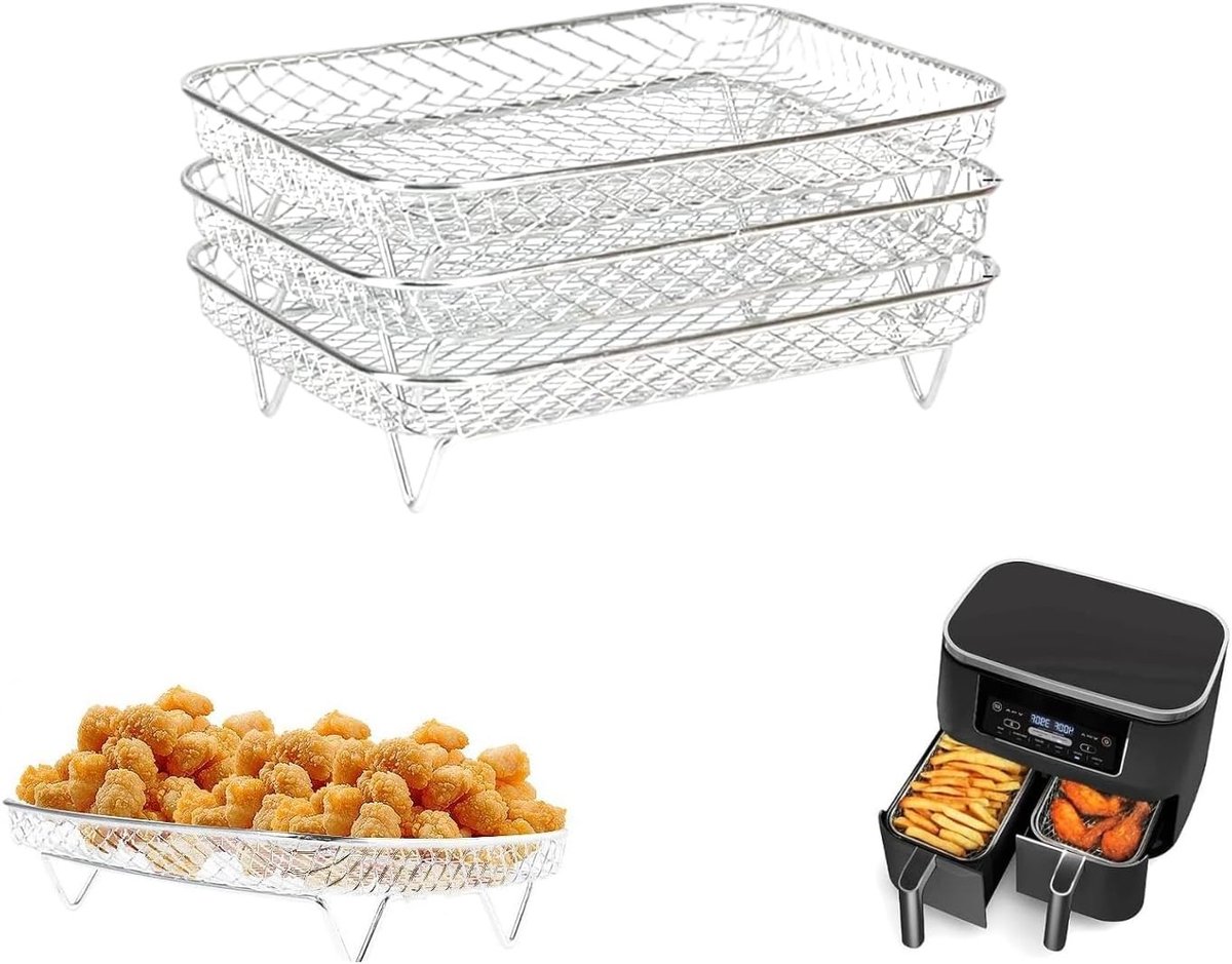 3 Stuks Air Fryer Racks, Stapelbare Accessoires voor Gezond Koken, 304 RVS, Geschikt voor Ninja Dual Basket