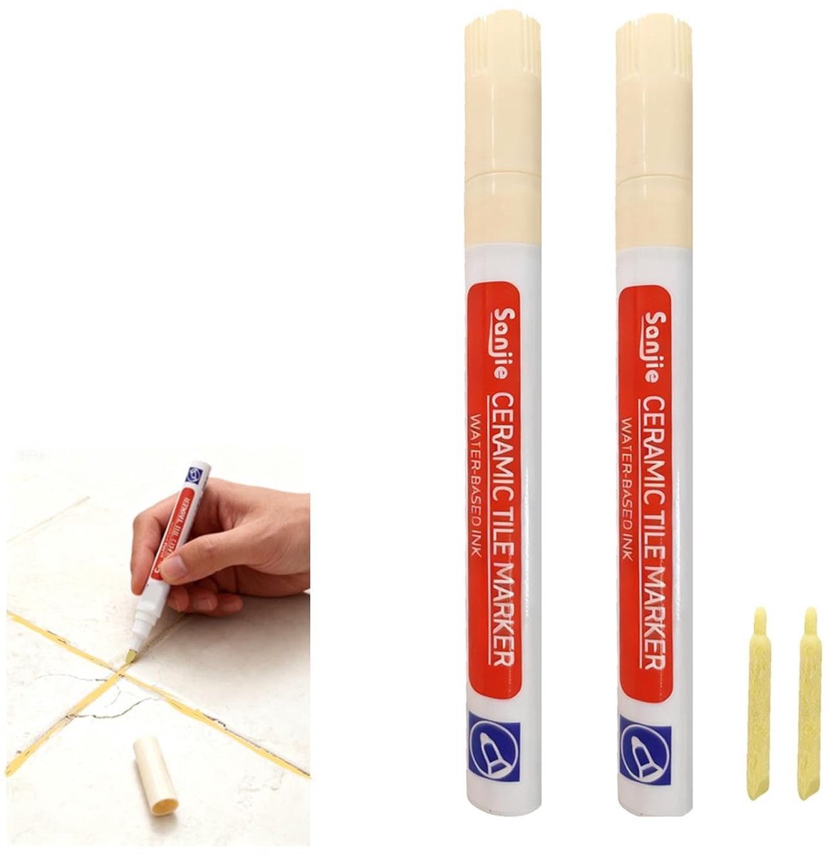 2 Stuks Waterdichte Tegelpen voor Badkamer, Reparatie van Voegen en Tegels, Grout Onderhoud voor Muur en Vloertegels (Beige, Standaard)