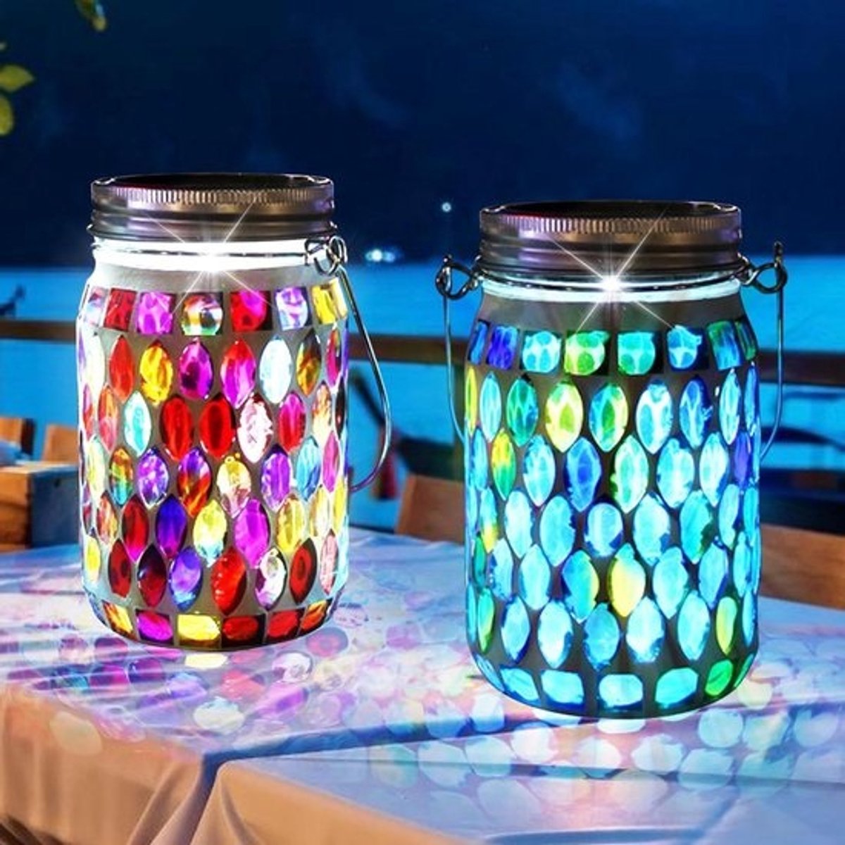 Zonnelampen Buiten - Tuinlampen Mozaïek - Decoratieve Verlichting - IP65 Waterdicht - 2 stuks - Blauw Rood