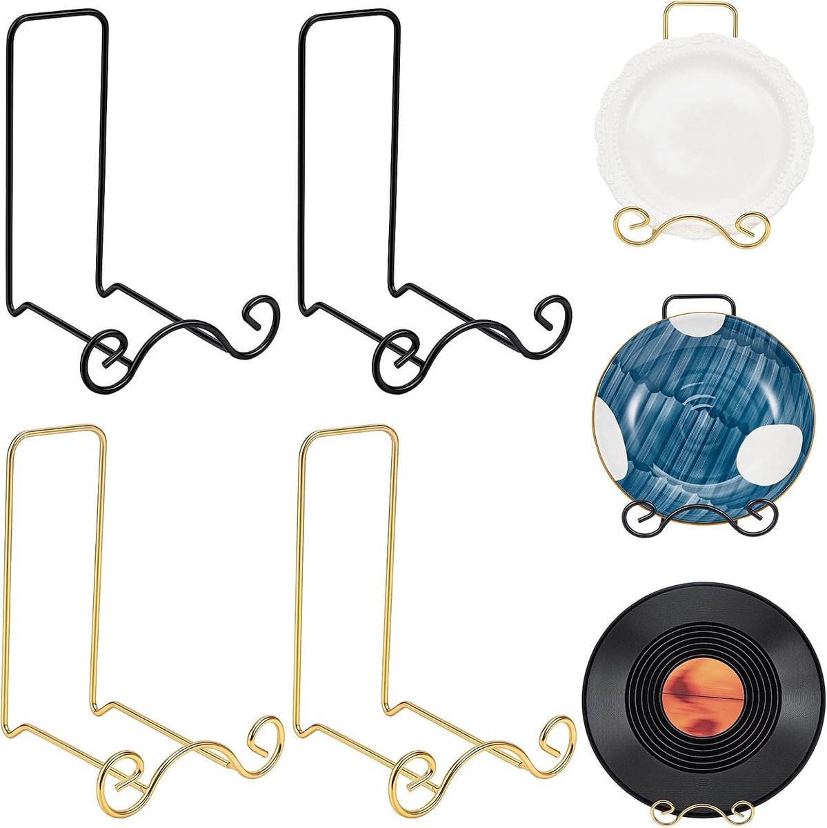 Set van 4 smeedijzeren komstandaards en 2 gekleurde keukendrooghouders, ideale opbergoplossing voor werkbladen, perfect voor presentatie van grote diepe platen en gerechten, afmetingen 121 x 126 x 165 mm