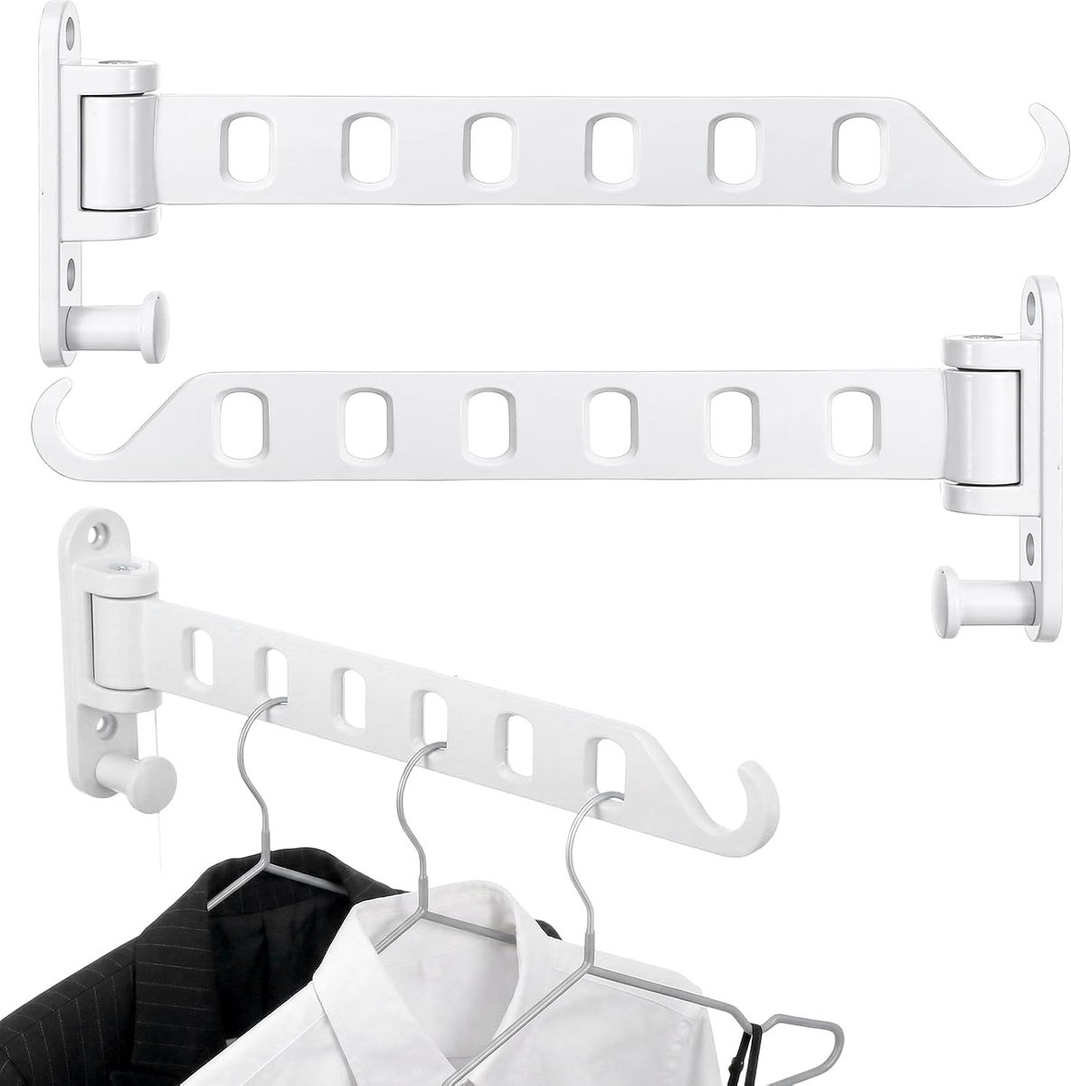 YAGXIG Wandgemonteerde Kledingrekken - Set van 3 - 180° Draaibare Arm - Stevig Aluminium - Opklapbare Haken - Geschikt voor Badkamers, Kasten, Slaapkamers en Wasruimtes, Ruimtebesparend (Wit)