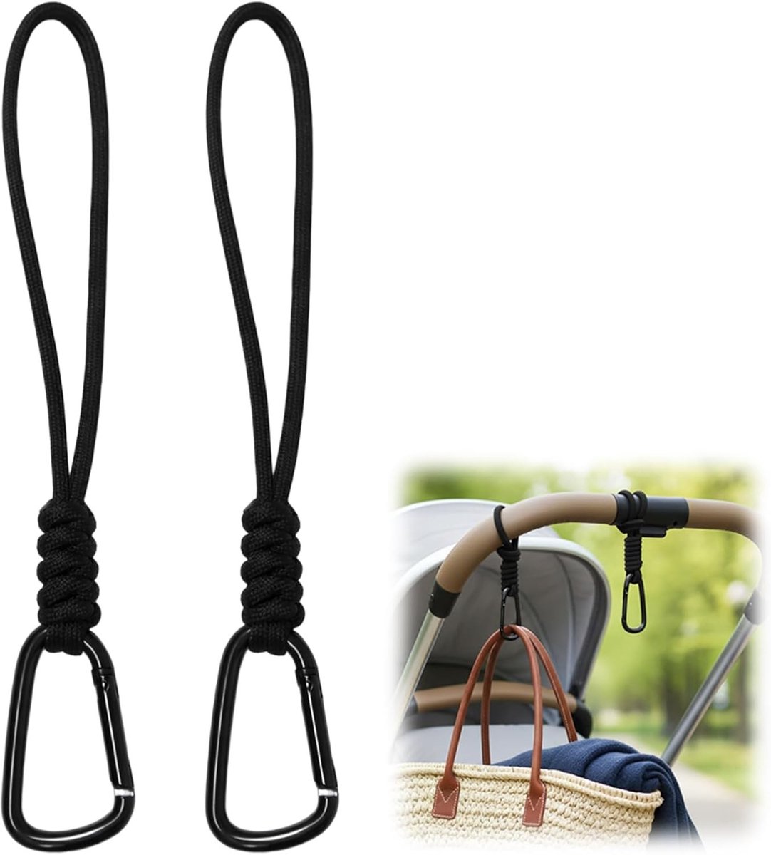 Set van 2 zwarte kinderwagenhaken, stevige polyester tasbeugels voor het vervoeren van tassen en accessoires