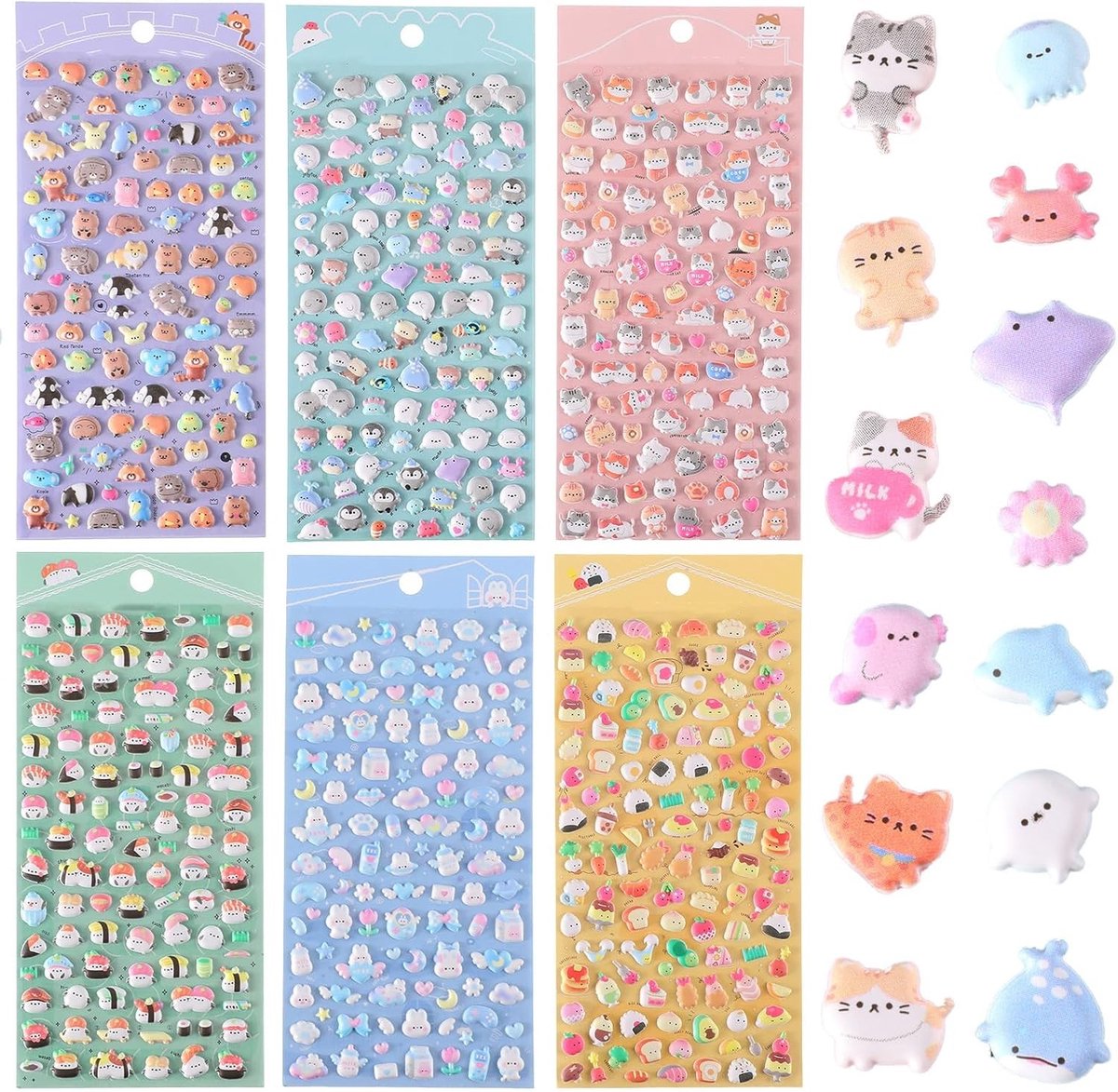 6 Vellen Kawaii Dieren Stickers, 3D Mini Puffy Stickers met Schattige Cartoon Katten, Konijnen en Pinguïns voor Telefooncases, Dagboeken en Laptops