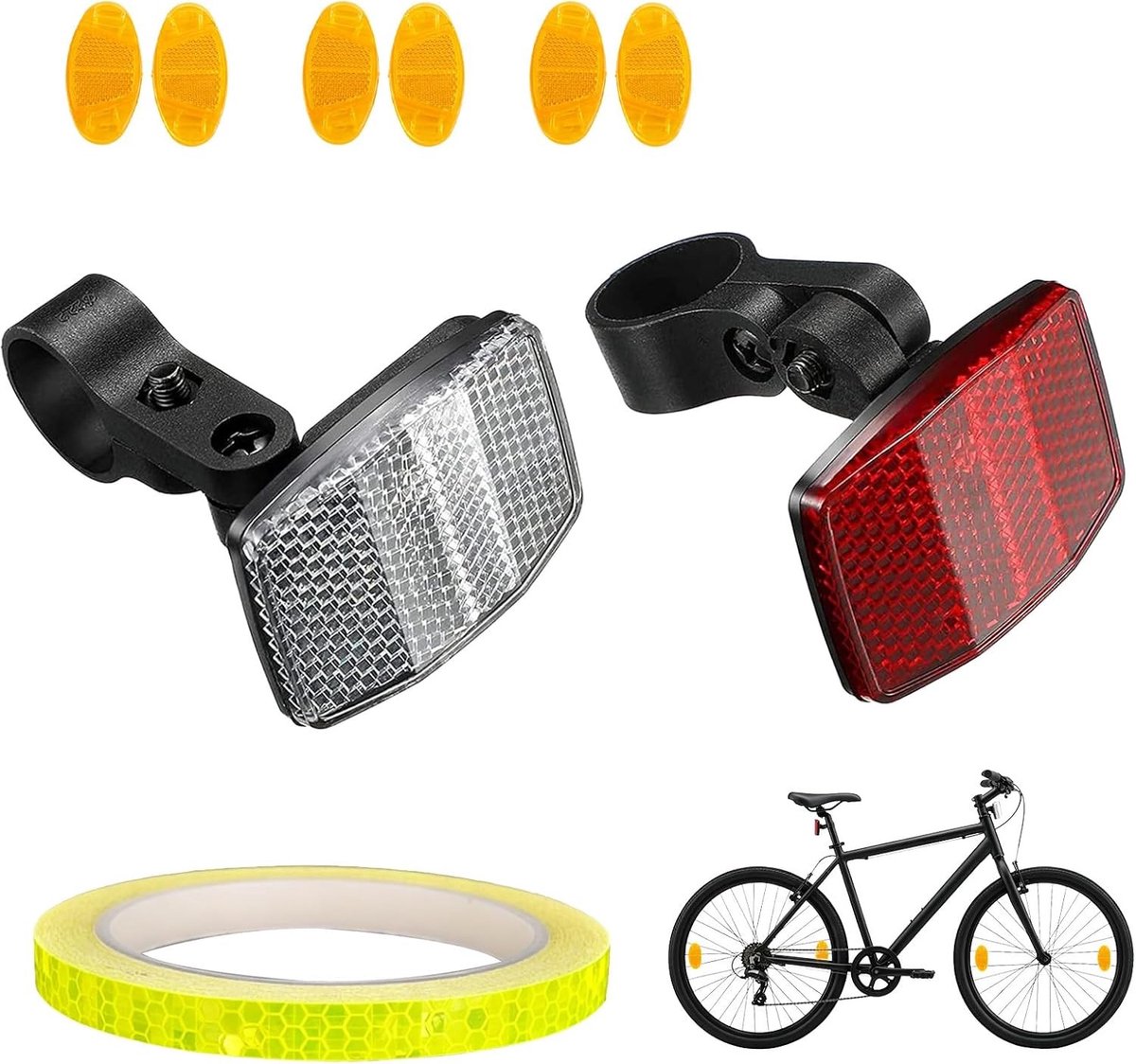 Reflectorenset voor Fietsen met Voor- en Achterreflectoren, 8 m Reflectietape en 6 Spaakreflectoren voor Optimale Zichtbaarheid op Stadsfietsen, MTB's en E-bikes
