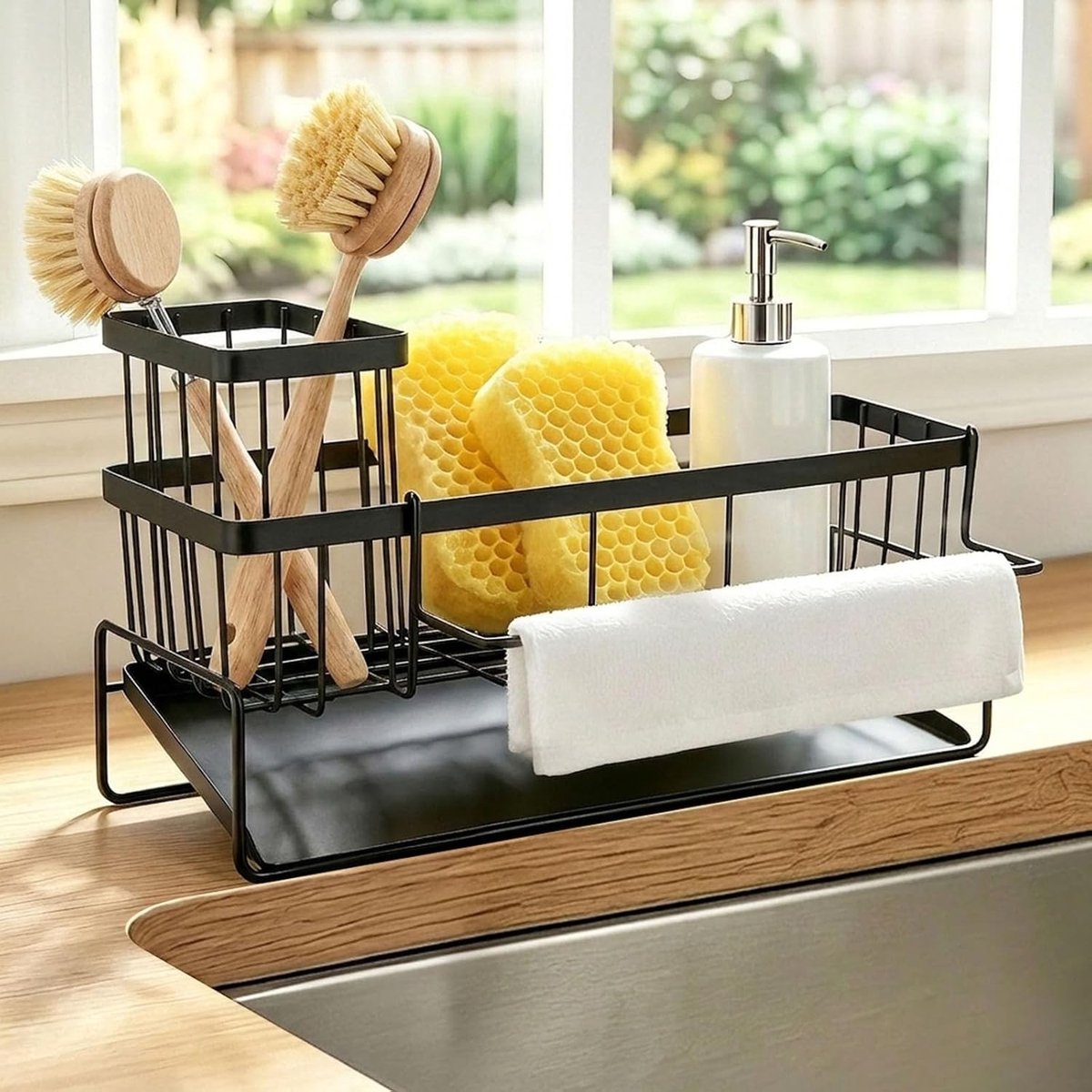 Keuken Organizer voor Sponsen, RVS Afwasbak Houder met Opbergdoos en Ruimtebesparende Oplossing voor Keukenaccessoires
