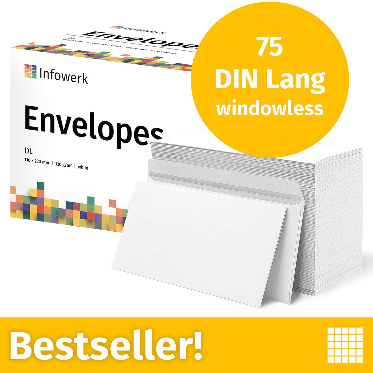 NIEUW: Infowerk Enveloppen zonder venster, DIN Lang, onbedrukt, 75 stuks